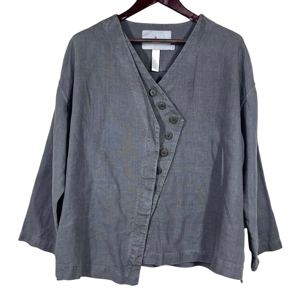 Cheyenne Asymmetric Button Jacket Size L/XL Gray 100% Linen Boxy Artsy Boho